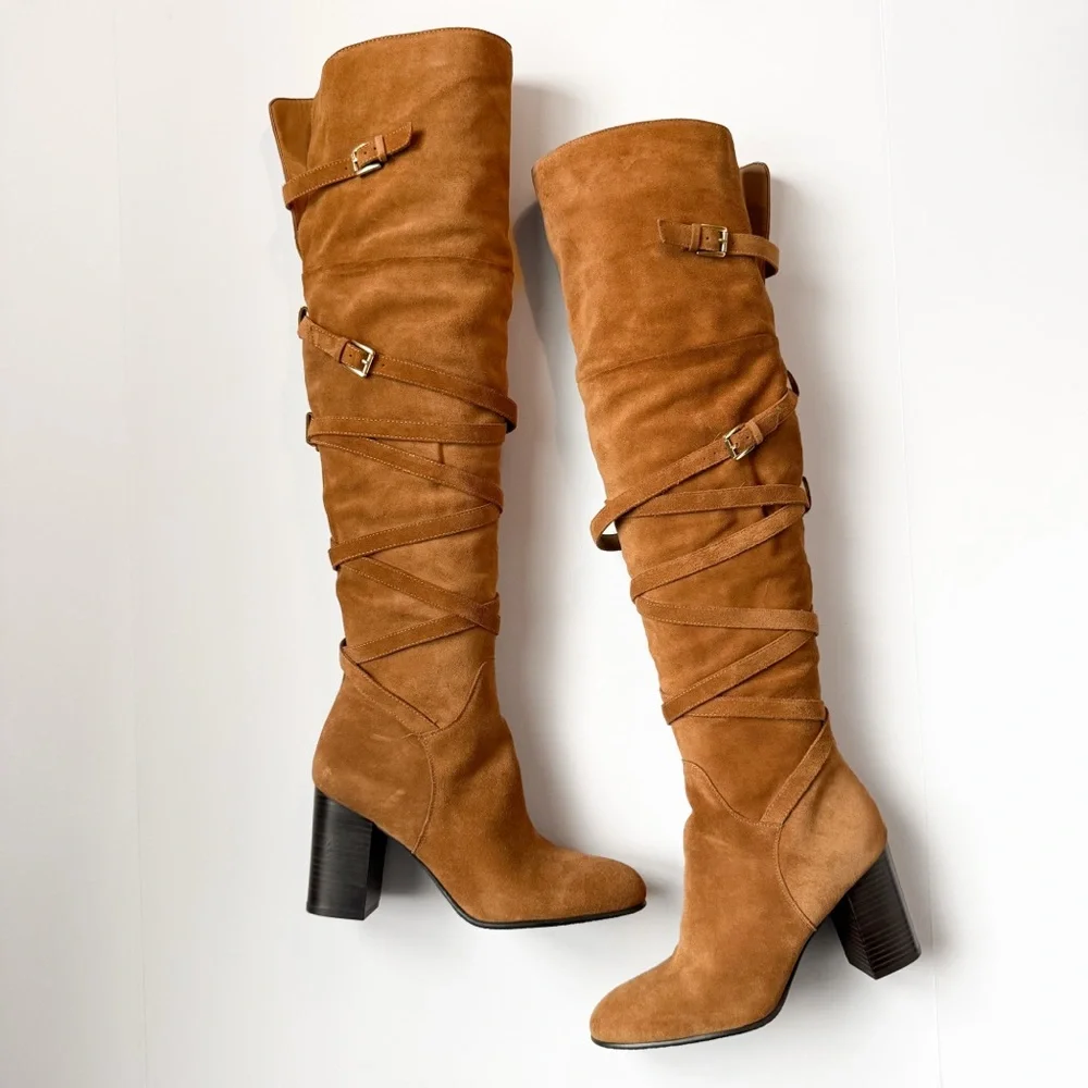 NWOT Sam Edelman Strappy Suede Over The Knee Boot Golden Caramel